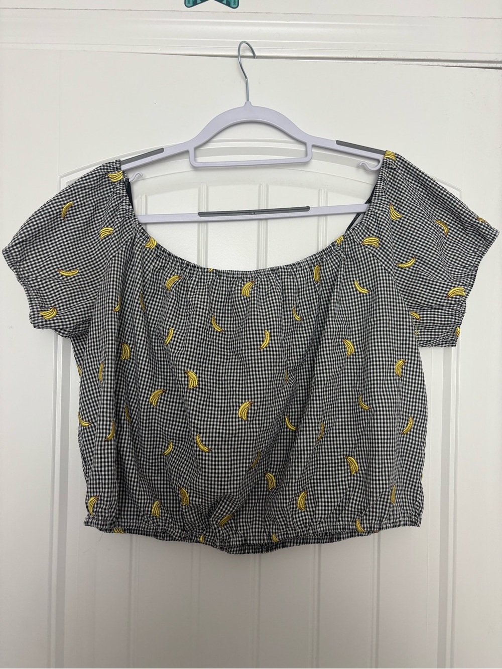 Gingham Off-Shoulder Crop Top with Yellow Banana Print